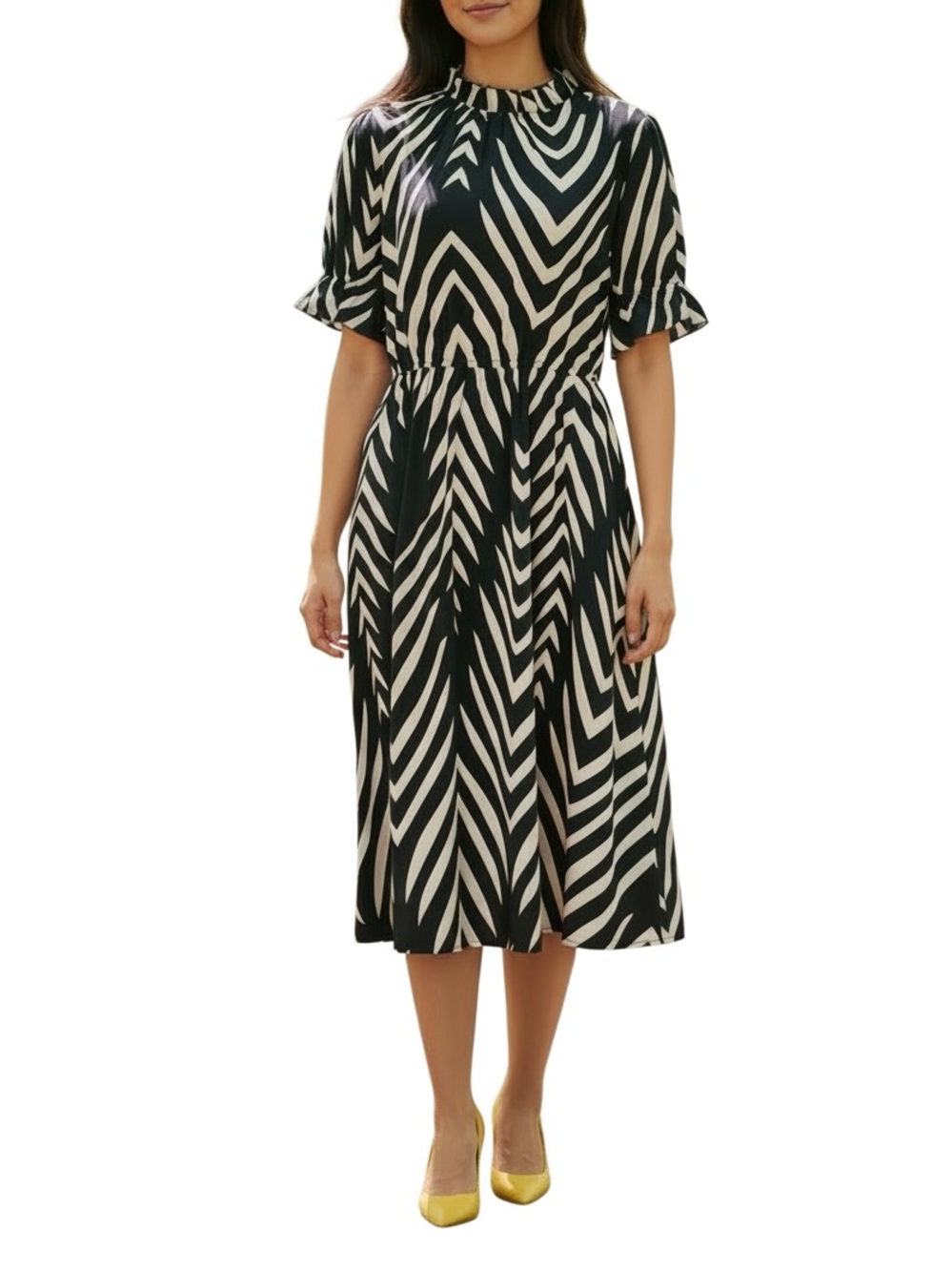 Navy Blue & Cream Colored Print Midi Dress - Classic Women’s Style